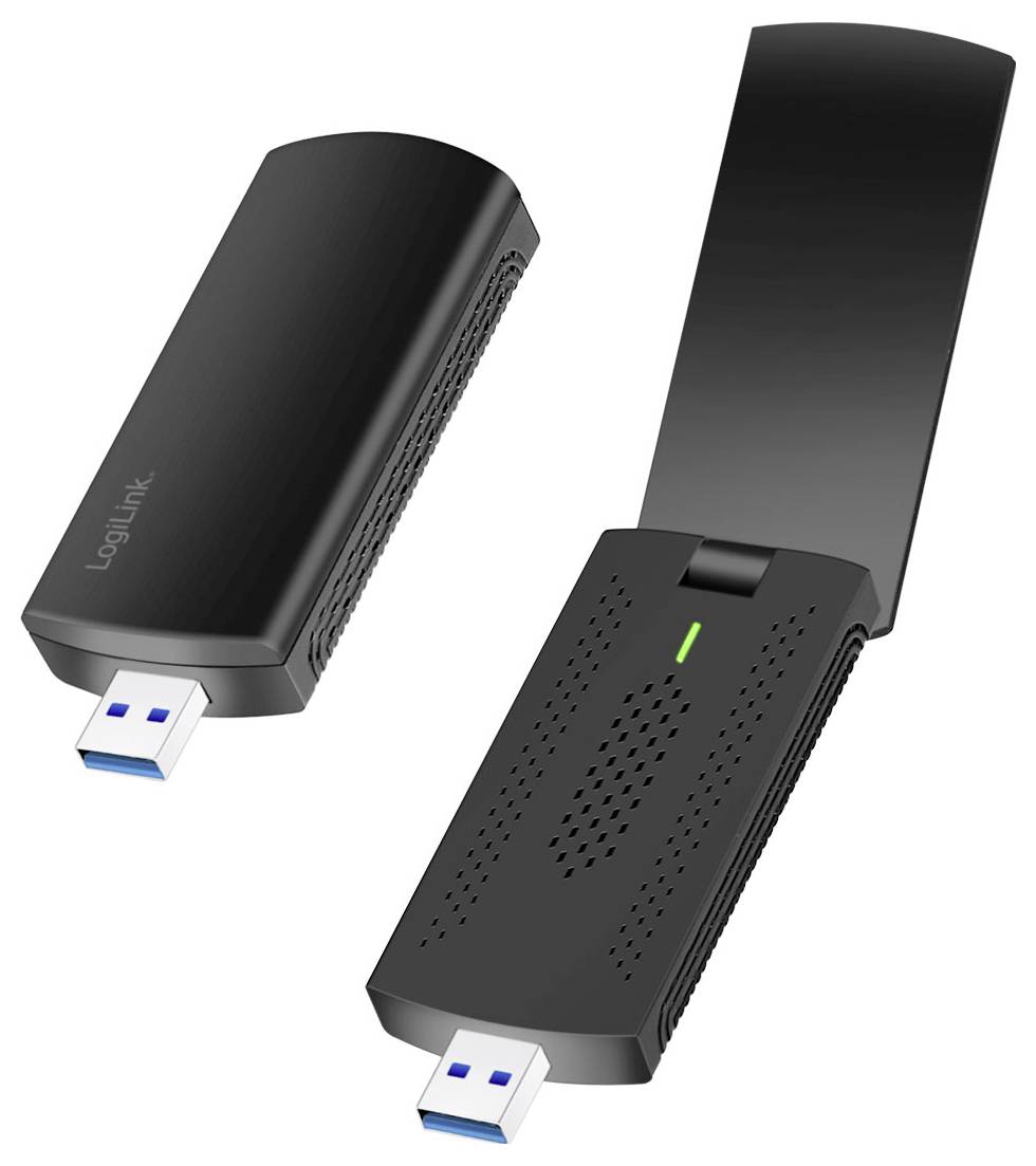 Zwei schwarze USB-3.0-Adapter mit blauen Spitzen und grünem Lichtsignal, einer mit verlängerter Antenne für verbesserte Konnektivität.