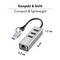 USB auf Ethernet Adapter mit drei USB-Anschlüssen, mit der Bezeichnung 'LogiLink', Abmessungen 8 cm x 2,3 cm x 1,7 cm, kompaktes und leichtes Design.
