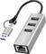 Ein USB-Hub mit drei USB-Anschlüssen und einem Ethernet-Anschluss, mit der Aufschrift 'LogiLink', verbunden über ein kurzes USB-Kabel.