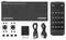 Ein 4K 4-Port HDMI-Multiviewer-Switch mit Fernbedienung, zwei USB-Kabeln, einem regionalen Netzteil und Befestigungszubehör.