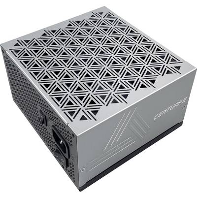 Eine silberne Netzteileinheit (PSU) mit einem geometrischen Lüftungsmuster auf der Oberseite und dem Wort "Centurion" an der Seite.