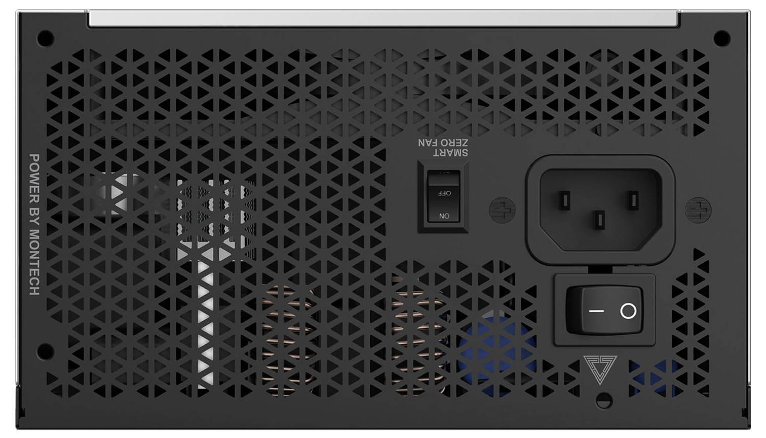 Rückansicht eines Computernetzteils mit einer Netzsteckdose, einem Ein-/Ausschalter und einem Lüfter mit gelochtem Metallgitter.
