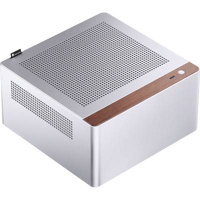 Ein kompaktes, rechteckiges, silbernes Computergehäuse mit Belüftungslöchern und einer Holzdekorblende an der Front, konzipiert für Builds mit kleinem Formfaktor.