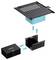 Diagramm, das die Montage eines Befestigungshalters und von SSDs zeigt. Pfeile weisen auf die Platzierung von vier SSDs in einem Käfig und anschließende Befestigung an einer Halterung hin.