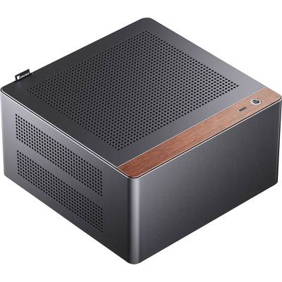 Ein schlankes, kompaktes schwarzes Computergehäuse mit Holzstruktur, Belüftungslöchern auf der Oberseite und USB-Anschlüssen an der Seite.