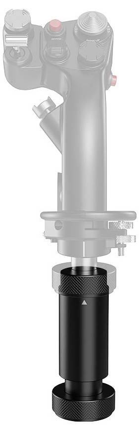 Ein Graustufenbild eines mechanischen Joystick-Griffs, der auf einer Basis montiert ist. Das Bild hebt die detaillierten Steuerungstasten und Oberflächen hervor.