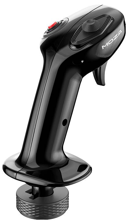 Ein schwarzer Handheld-Joystick mit einem roten Knopf und einem gekrümmten Abzug, mit der Aufschrift "MOZA", der zum Steuern von Geräten oder Spielen verwendet wird.