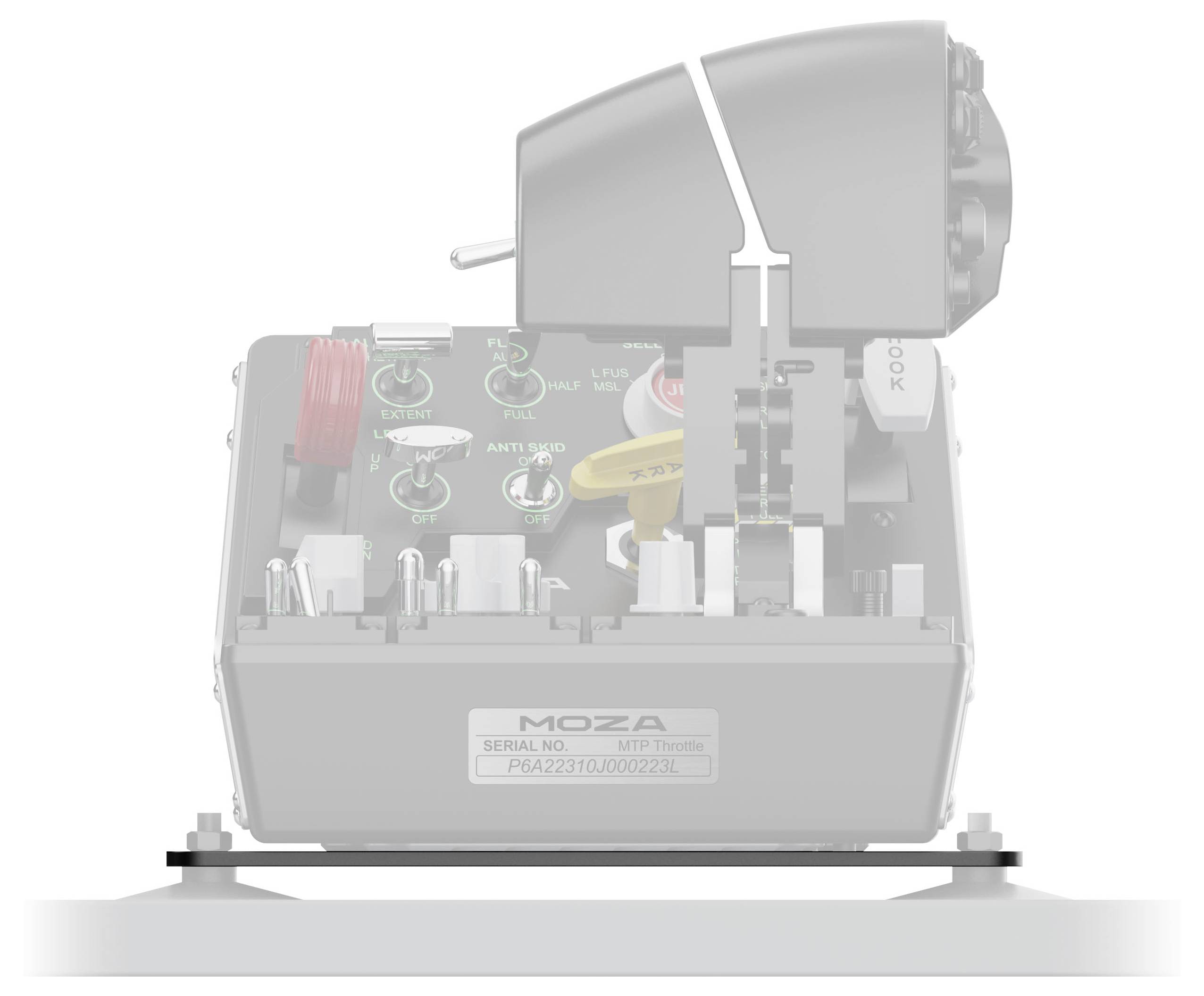 Ein teilweise transparenter Schubhebel mit sichtbaren Innenkomponenten wie Schaltern, Knöpfen und Schaltungselementen, die mit 'MOZA' beschriftet sind.