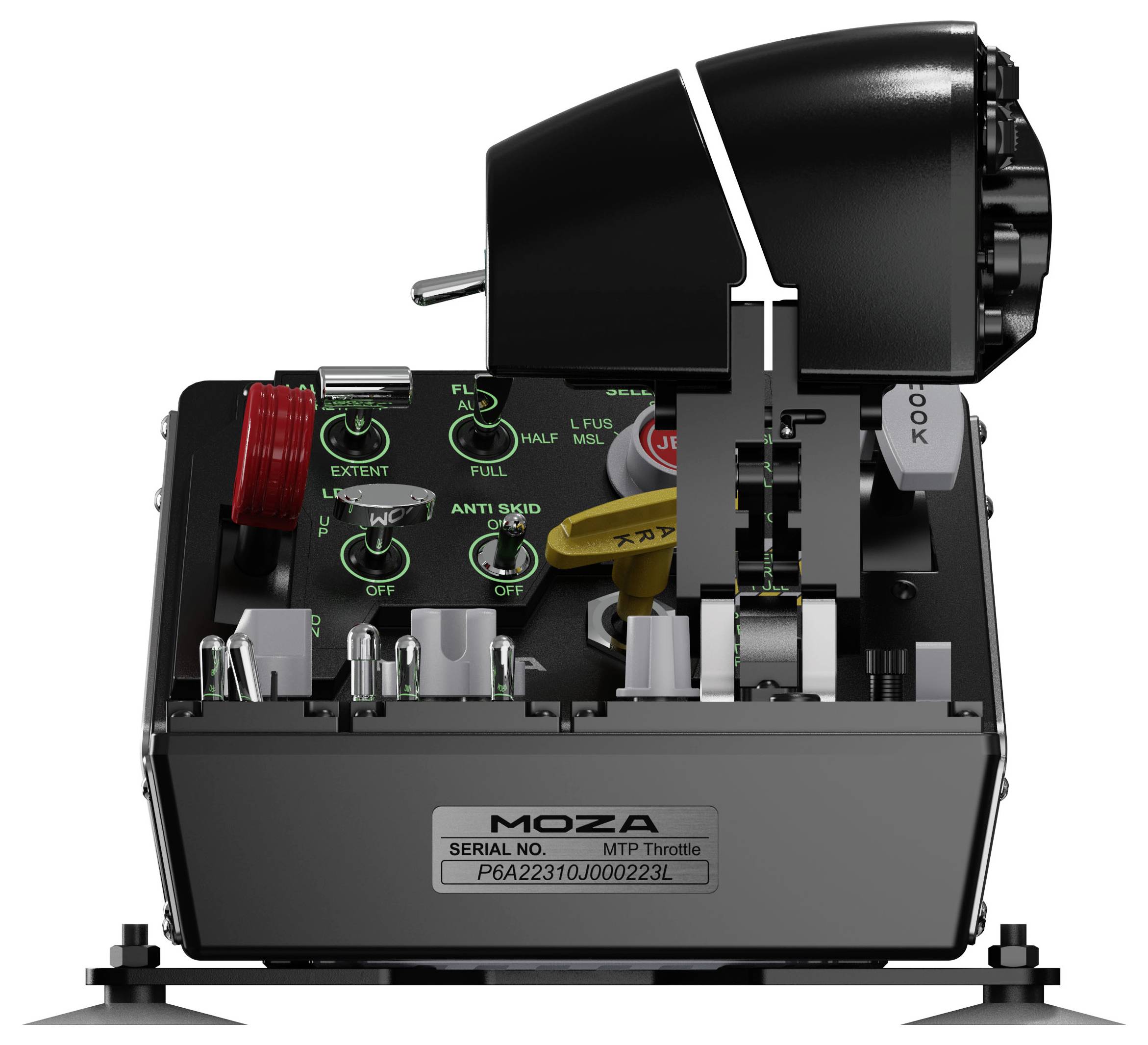 Gaspedaleinheit mit Hebeln und Schaltern für Flugsimulation. 'MOZA' Markenlogo auf der Vorderseite sichtbar.