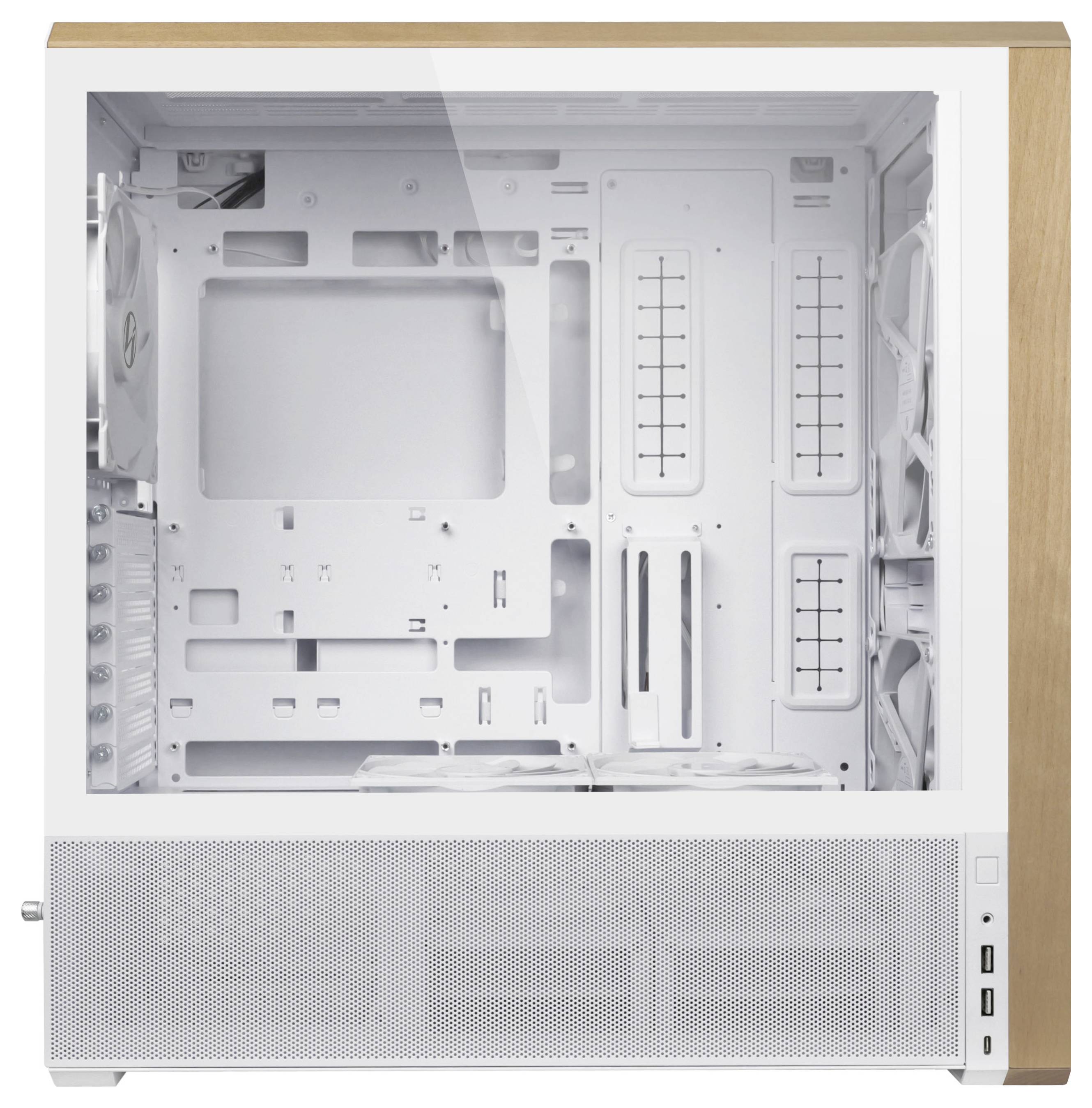 Ein geräumiges weißes Computergehäuse mit einer transparenten Seitenscheibe, das einen leeren Innenraum mit Einbauschächten und Kühlventilatoren präsentiert.