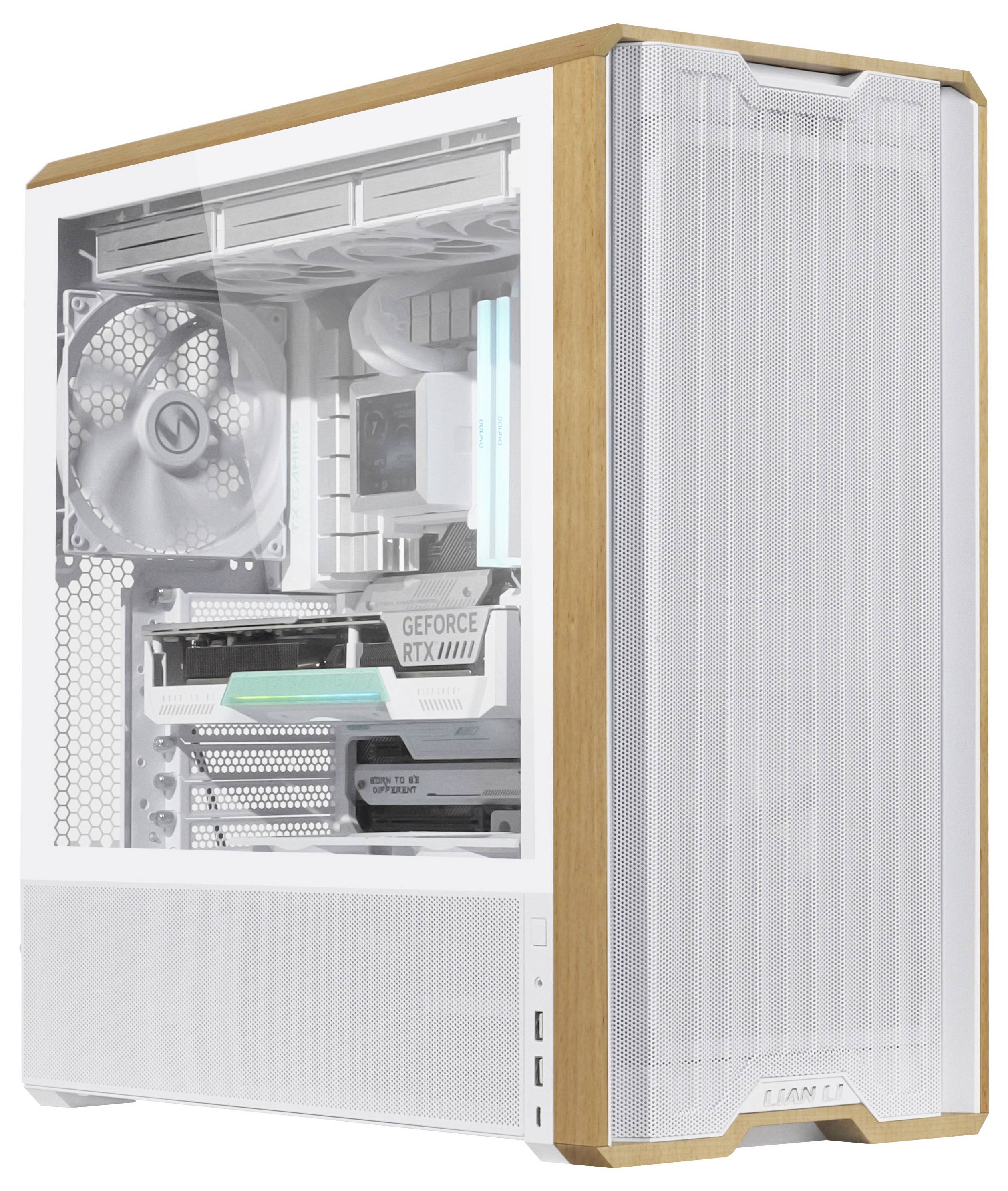 Ein transparenter Computertower mit sichtbaren Innenkomponenten, einschließlich einer Grafikkarte mit der Bezeichnung ‚GeForce RTX', Kühlventilatoren und beleuchteten Motherboard-Bereichen.