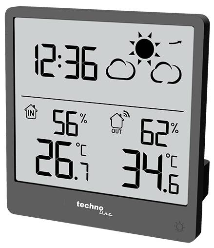 Digitale Wetterstation mit Anzeige der Zeit '12:36', Innentemperatur '26,7°C', Außentemperatur '34,6°C' und Luftfeuchtigkeit '56%' innen, '62%' außen. Wettersymbol zeigt Sonne mit Wolken.