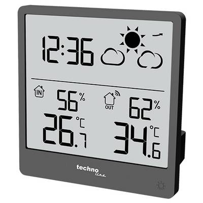 Digitale Wetterstation mit Anzeige der Zeit '12:36', Innentemperatur '26,7°C', Außentemperatur '34,6°C' und Luftfeuchtigkeit '56%' innen, '62%' außen. Wettersymbol zeigt Sonne mit Wolken.