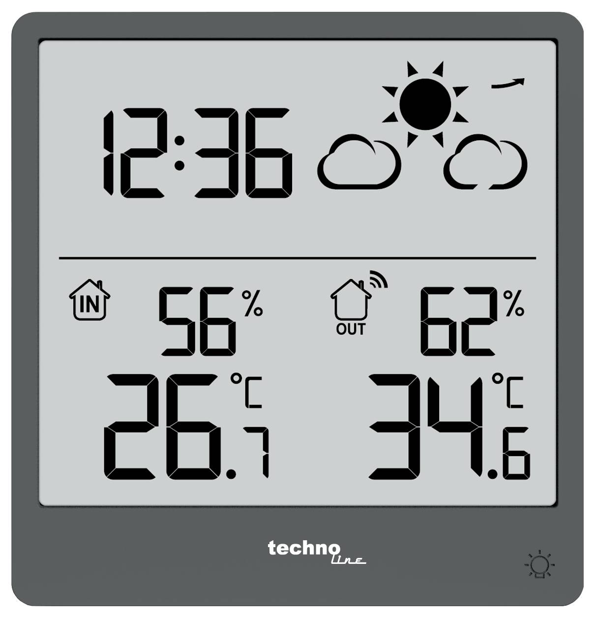 Digitale Wetterstation zeigt Zeit '12:36', sonniges und bewölktes Wettersymbol, Luftfeuchtigkeit innen 56% bei 26,7°C, Luftfeuchtigkeit außen 62% bei 34,6°C.