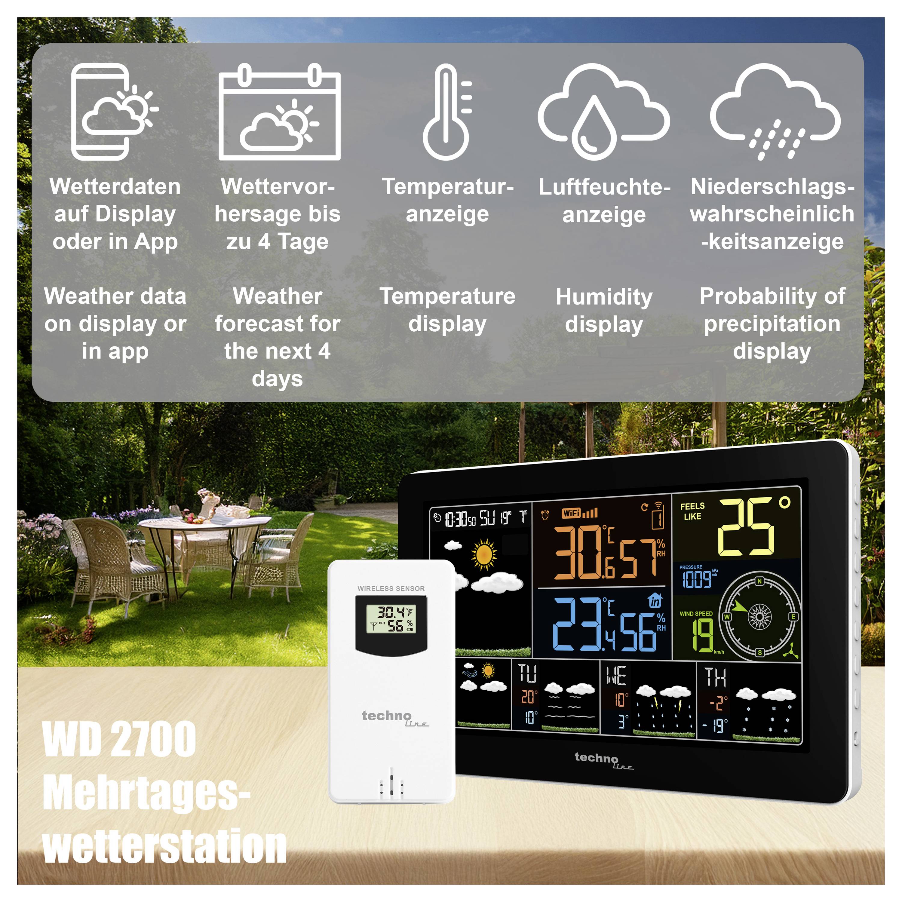Das Bild zeigt die 'WD 2700 Mehrtages-Wetterstation' und präsentiert Wetterdaten einschließlich Temperatur, Luftfeuchtigkeit und Niederschlag.