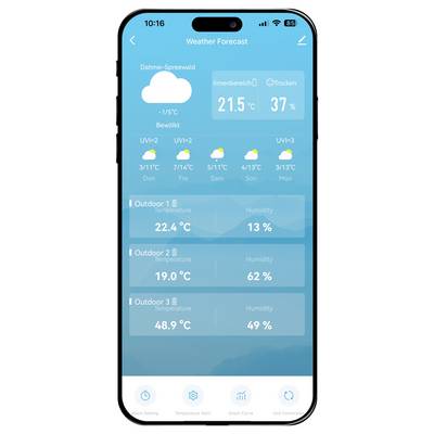 Bildschirm der App "Wettervorhersage" mit Standort Dahme-Spreewald, aktuelle Temperatur -1,5°C, Luftfeuchtigkeit 37%, und Vorhersage für 3 Tage.