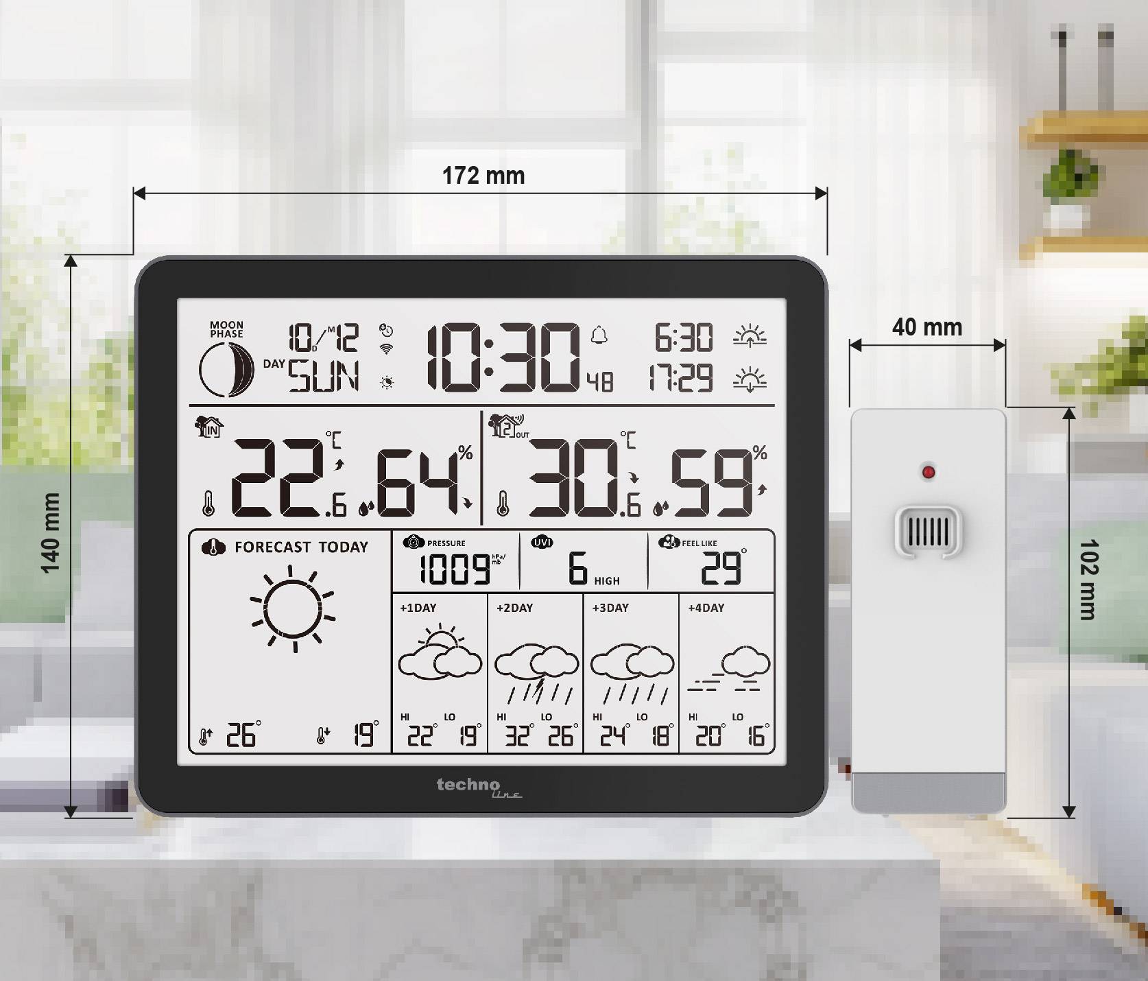 Ein digitales Wetterstation-Display zeigt die Vorhersage mit Temperatur, Luftfeuchtigkeit und Wetter-Symbolen für die Zukunft; die Abmessungen werden vermerkt.