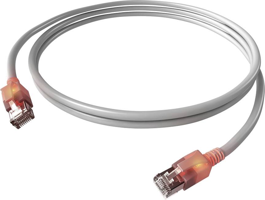 Ein graues Ethernet-Kabel mit roten Steckern an beiden Enden, das auf einem weißen Hintergrund kreisförmig aufgewickelt ist.