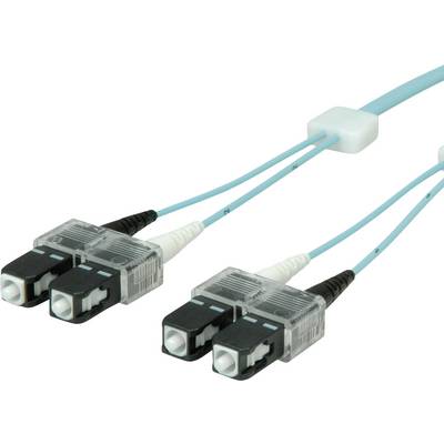 Zwei blaue Glasfaserkabel mit schwarzen und weißen Steckern, die für die Hochgeschwindigkeits-Datenübertragung verwendet werden.