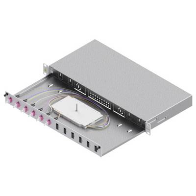 Ein metallisches Rack-mountables Netzwerkgerät mit einem ausziehbaren Tablett, das mehrere farbige Anschlüsse an der Frontseite und interne Verkabelung aufweist.