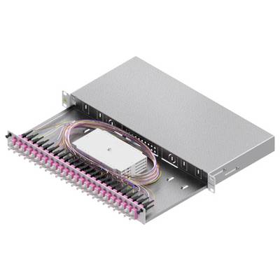 Ein Rack-montiertes Glasfaser-Verteilfeld mit mehreren farbigen Kabeln, die an Anschlüssen angeschlossen sind und für Netzwerk- oder Telekommunikationssysteme verwendet werden.