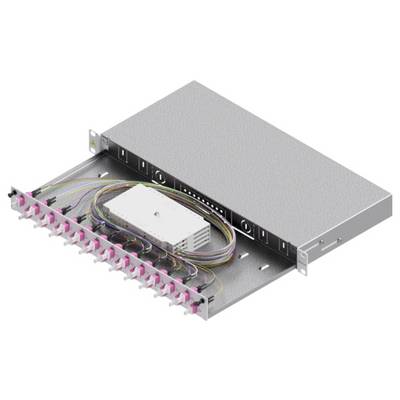 Ein offenes Servergestell, das ein Glasfaser-Patchpanel mit mehreren rosa Steckern und sauber arrangierten Kabeln zeigt.