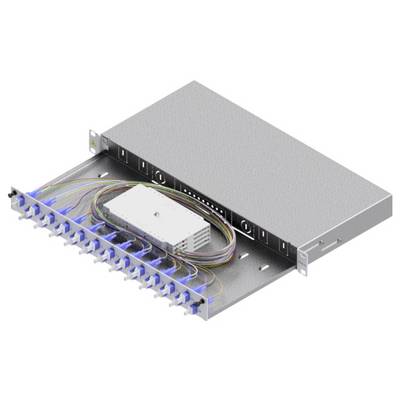 Ein Metall-Glasfaserpanel mit mehreren blauen Anschlüssen und Kabeln, die zu einem zentralen weißen Modul führen.