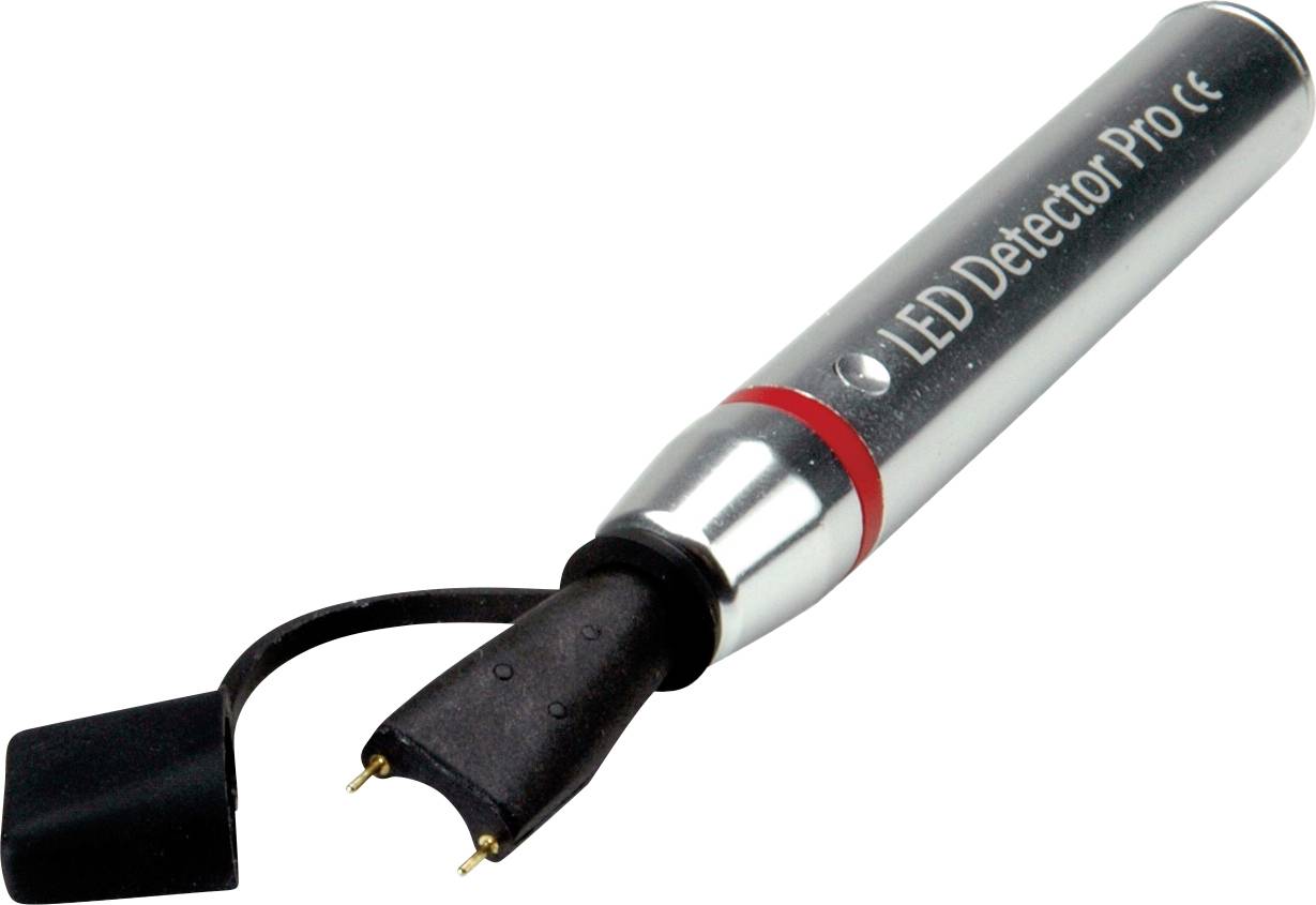 Ein Metallgerät mit der Beschriftung "LED Detector Pro" mit einer schwarzen abnehmbaren Kappe und Anschluss, das zum Testen der LED-Funktionalität entwickelt wurde.