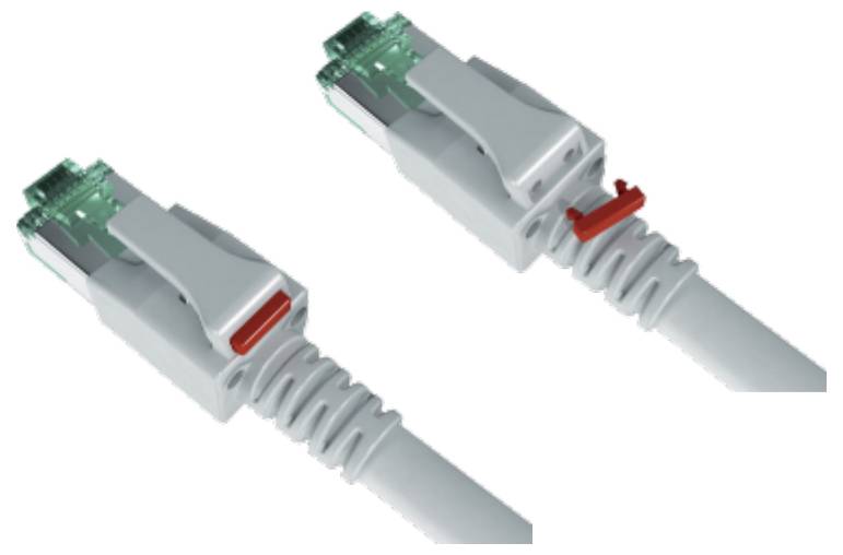 Zwei weiße Netzwerkkabel mit roten Verriegelungsclips, die Anschlüsse mit Schutzabdeckungen zeigen, in einem Winkel angeordnet, um das Steckerdesign zu präsentieren.