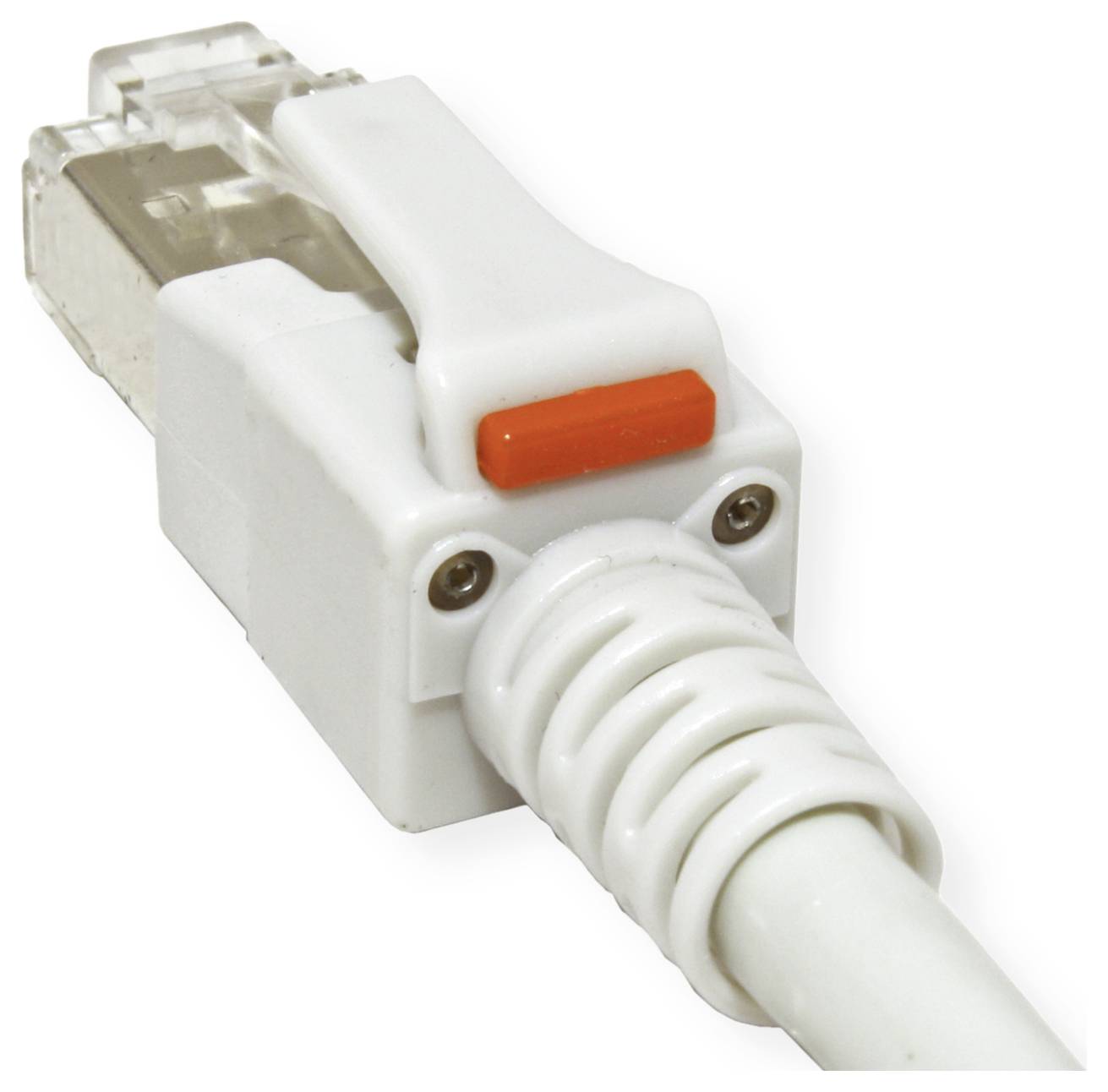 Eine Nahaufnahme eines weißen Ethernet-Kabels mit einem roten Reiter, die das Anschlussdetail zeigt.