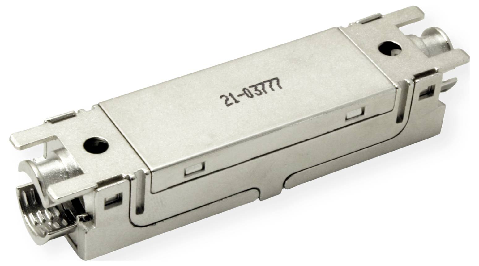 Ein metallisches rechteckiges Modul mit zwei Anschlussenden, gekennzeichnet mit '21-03777', konzipiert für elektrische oder Datenkonnektivität in Geräten.
