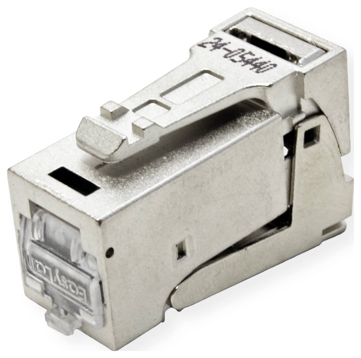 Ein metallischer RJ45-Keystone-Jack-Anschluss für Ethernet-Netzwerke, mit silberner Oberfläche und kompaktem Design.