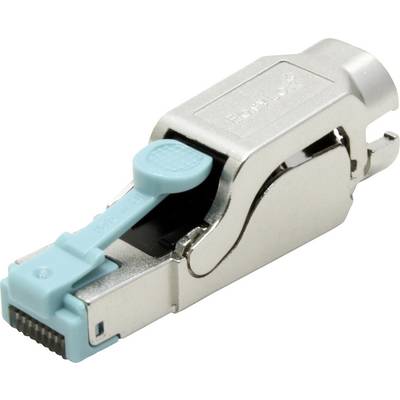 '10G RJ45 abgeschirmter Feldstecker mit Metallgehäuse und türkisfarbener Rastvorrichtung für Ethernet-Kabel.