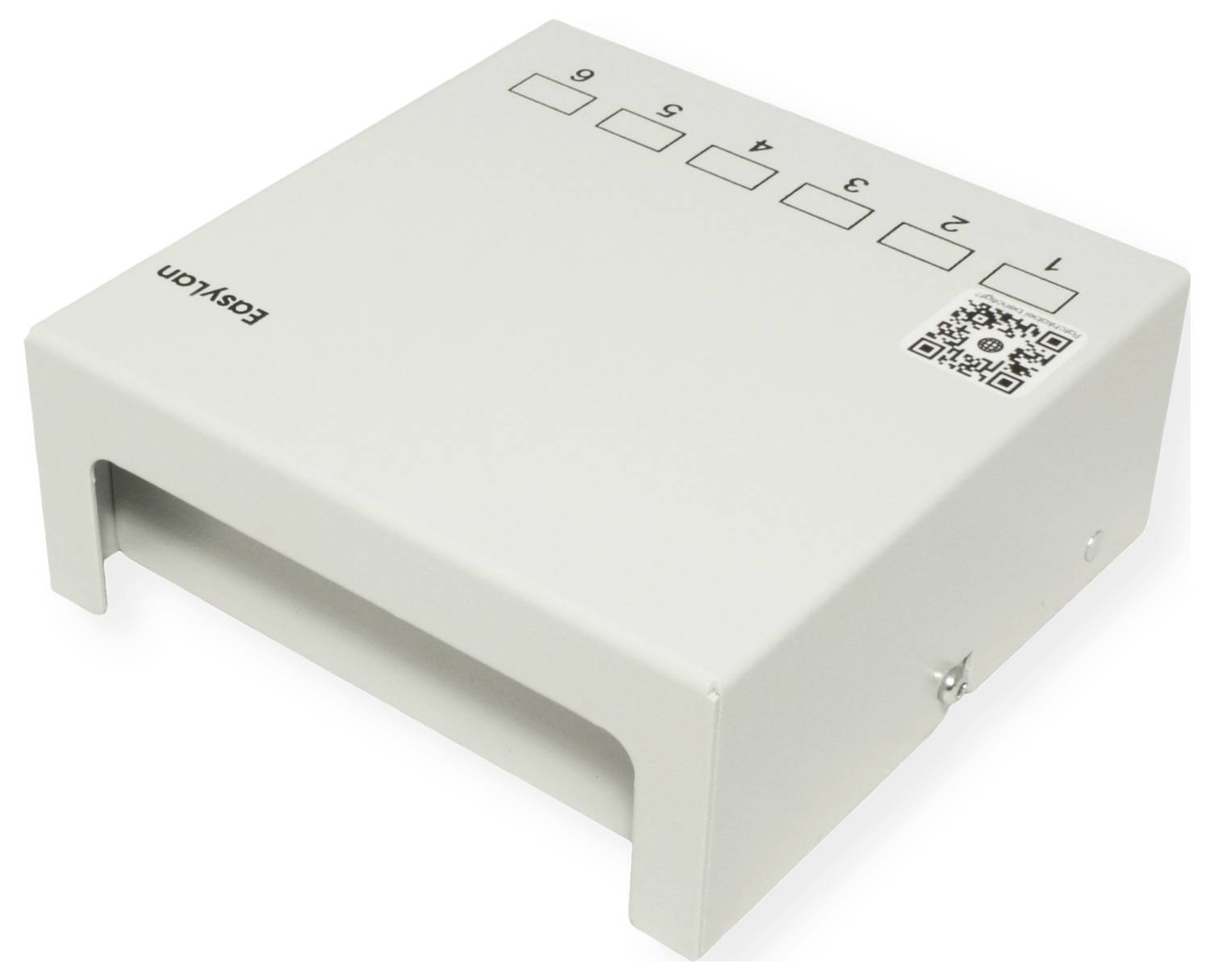 Rechteckiges weißes elektronisches Gerät mit der Aufschrift "Easylon", das sechs nummerierte Anschlüsse und einen QR-Code auf einer Seite aufweist.