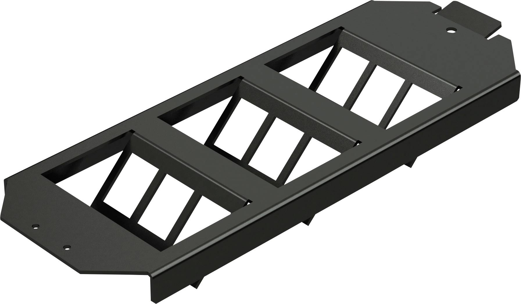 Eine schwarze rechteckige Metallhalterung mit drei Ausschnitten, entwickelt zum Montieren oder Unterstützen verschiedener Komponenten.
