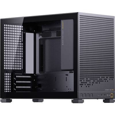 Ein schwarzes Computergehäuse mit gelochtem Design, offenem Seitenpanel und mehreren Steckplätzen für Komponenten, das ein modernes, schlankes Design hervorhebt.