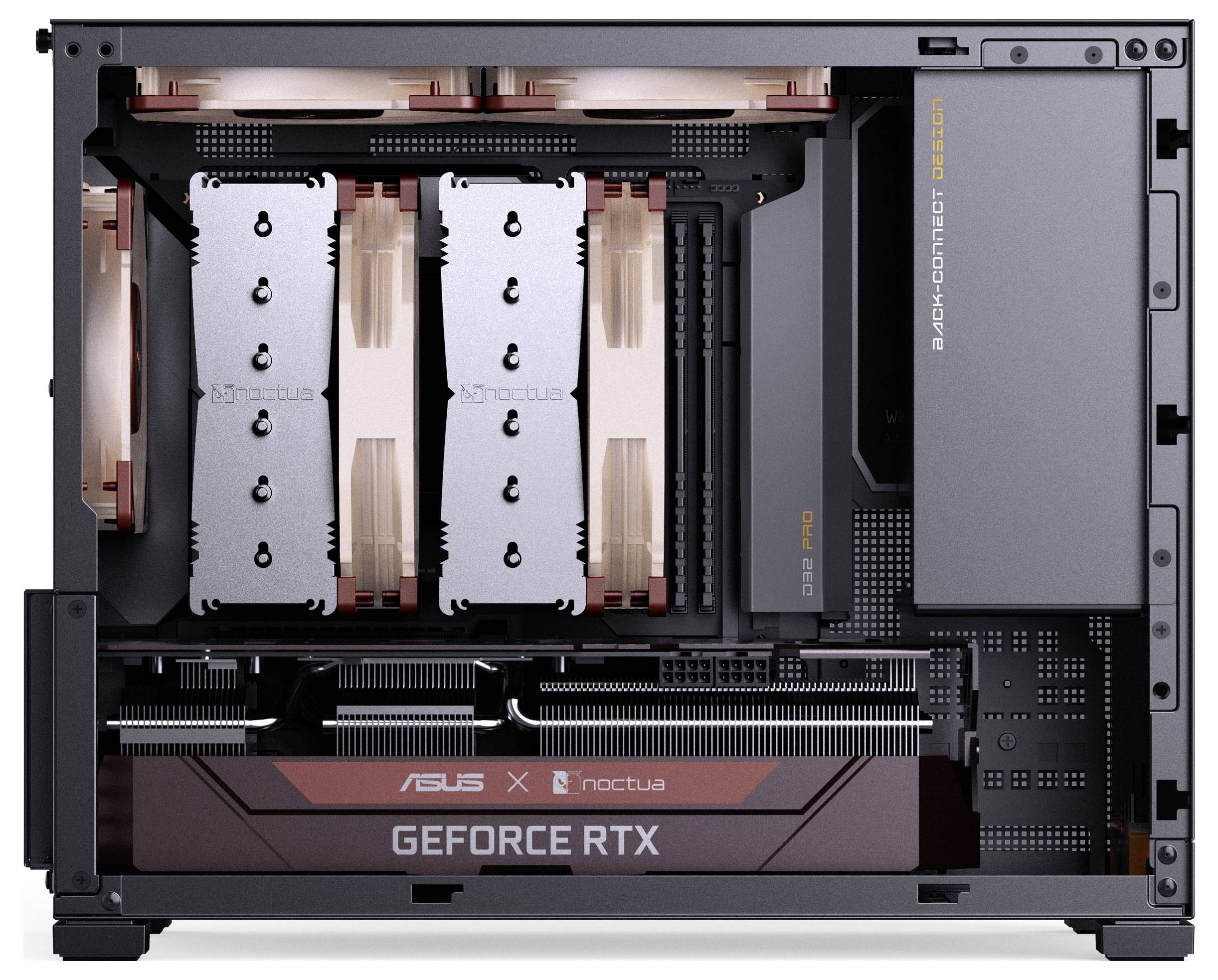 Ein Computergehäuse, das ein leistungsstarkes Kühlsystem mit mehreren Lüftern und einer markanten Grafikkarte mit der Aufschrift "GEFORCE RTX" präsentiert.