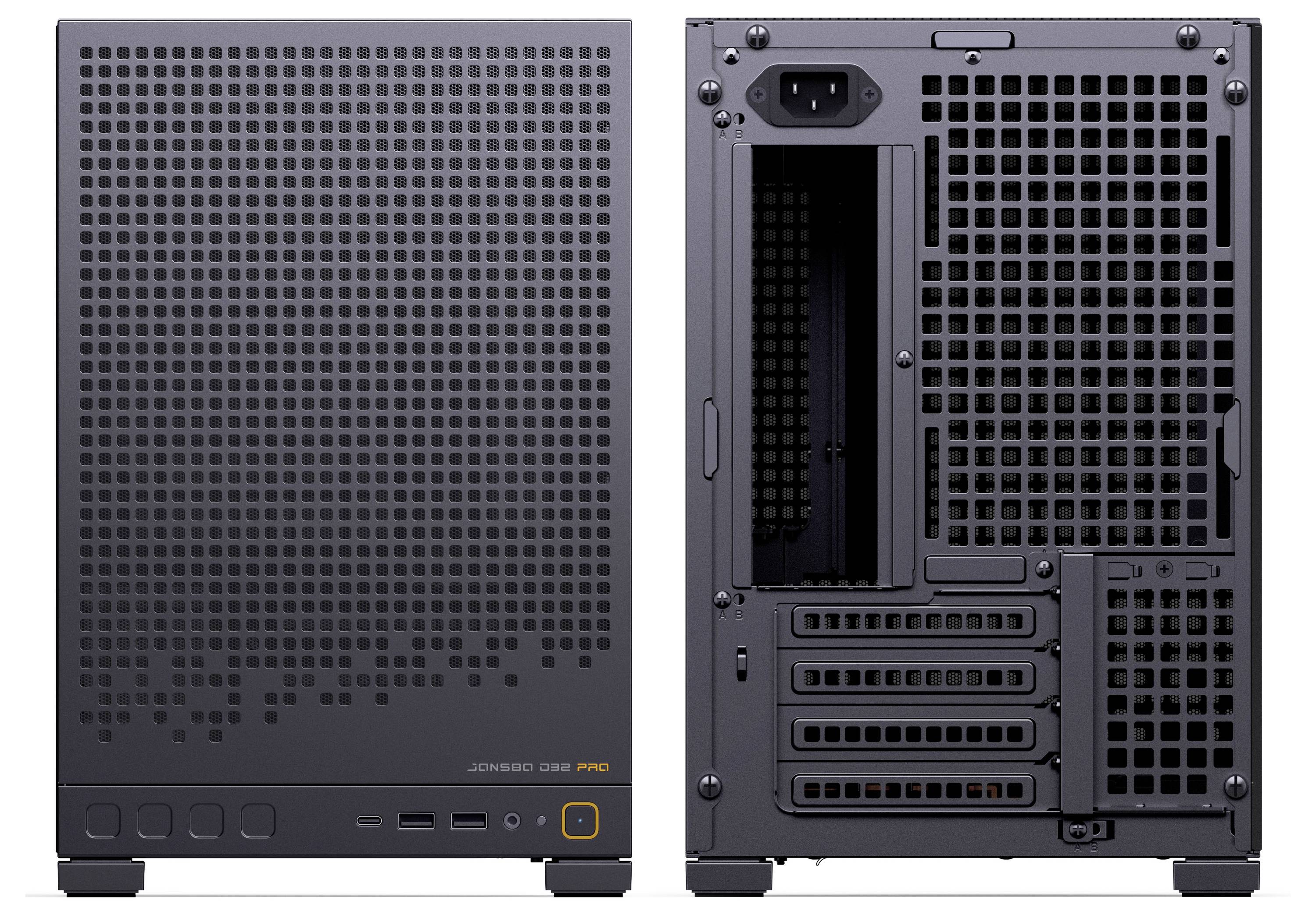 Eine Computergehäuse-Frontansicht und -Rückansicht, die Lüftungsgitter, USB-Anschlüsse und Erweiterungssteckplätze zeigt. Keine internen Komponenten sind sichtbar.