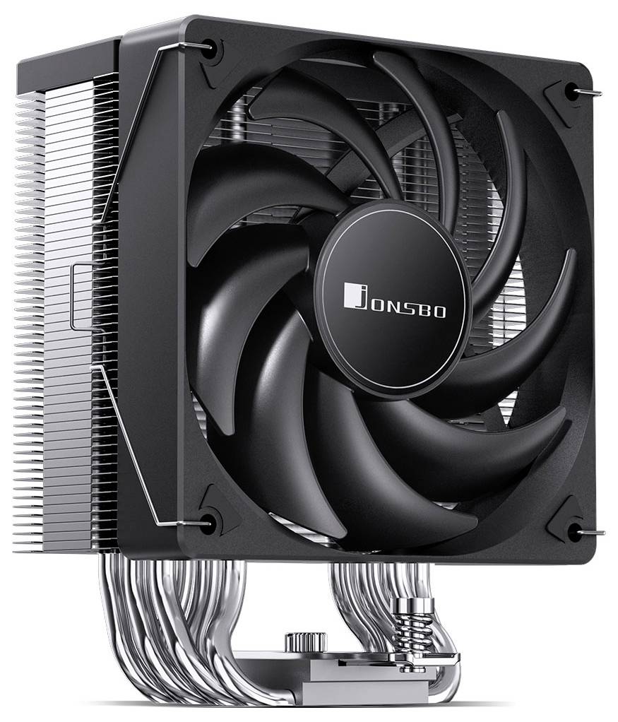 Ein schwarzer CPU-Kühler mit einem Lüfter, der ein Jonsbo-Logo trägt, befestigt an einem metallischen Kühlkörper mit mehreren Heatpipes.