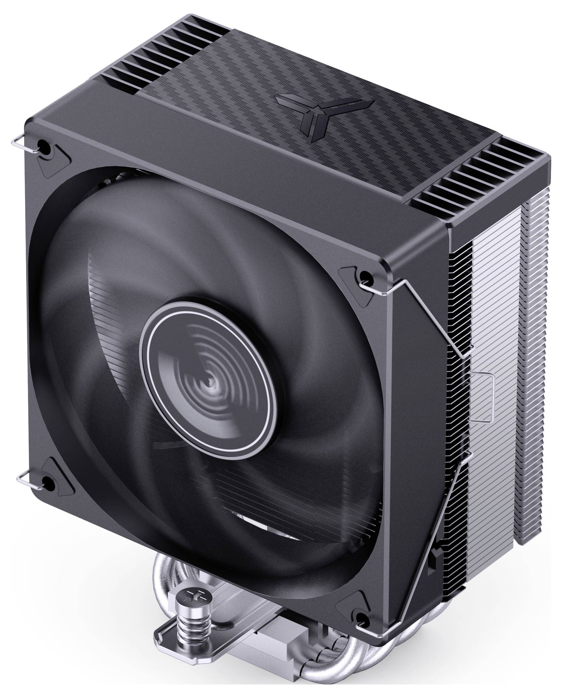 Ein schwarzer Computer-CPU-Kühler mit einem großen Lüfter und einer Kohlefaser-Oberfläche. Das design ist schlank und modern und betont eine effiziente Kühlung.