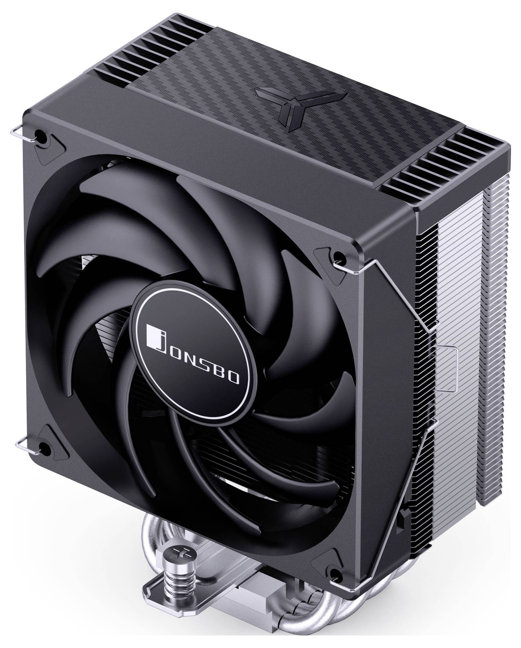 Ein schwarzer und silberner CPU-Kühler mit einem großen Lüfter und sichtbaren Heatpipes, entwickelt für eine effiziente Wärmeableitung in Desktop-Systemen.