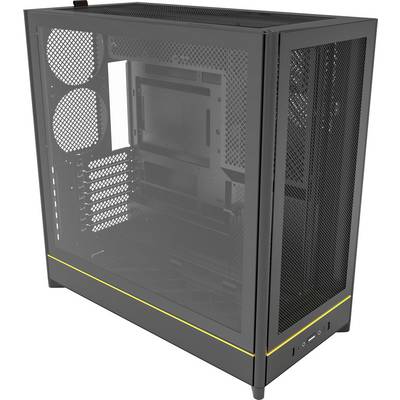 Computergehäuse mit transparentem Seitenpanel, doppelten Lüfterhalterungen an der Rückseite und einer gelben Akzentlinie nahe dem unteren Rand.