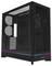 Ein schwarzes Computergehäuse mit transparentem Seitenfenster, das den leeren Innenraum freigibt, RGB-Beleuchtung am Boden und sichtbaren Frontanschlüssen.