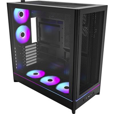 Ein schlankes Computergehäuse mit drei vorderen Lüftern und zwei unteren Lüftern, alle mit bunter RGB-Beleuchtung, die von der Seitenscheibe aus sichtbar ist.