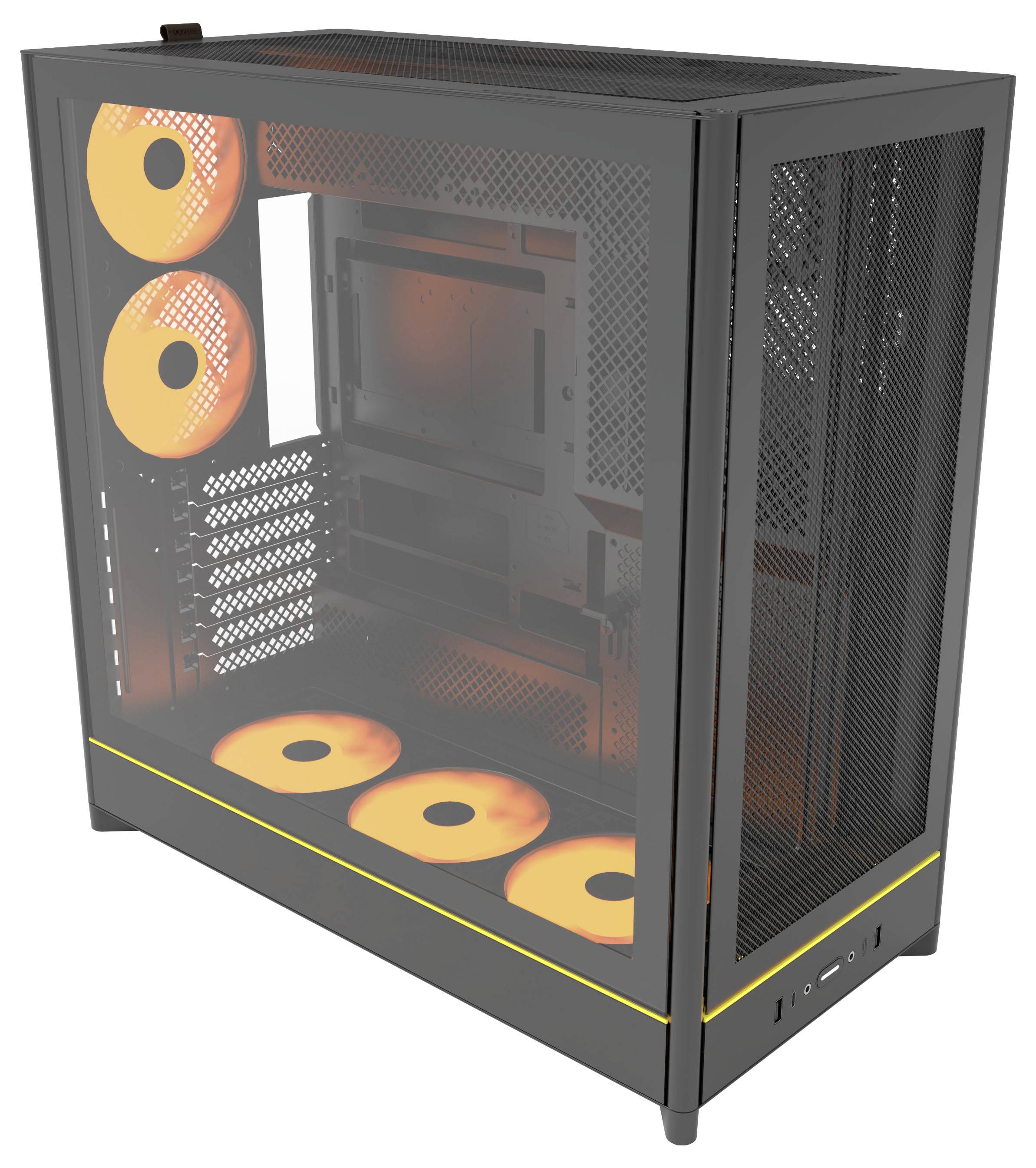 Gaming-Computergehäuse mit fünf orange beleuchteten Kühlventilatoren, transparentem Seitenfenster, schwarzer Außenseite und gelber Akzentlinie.