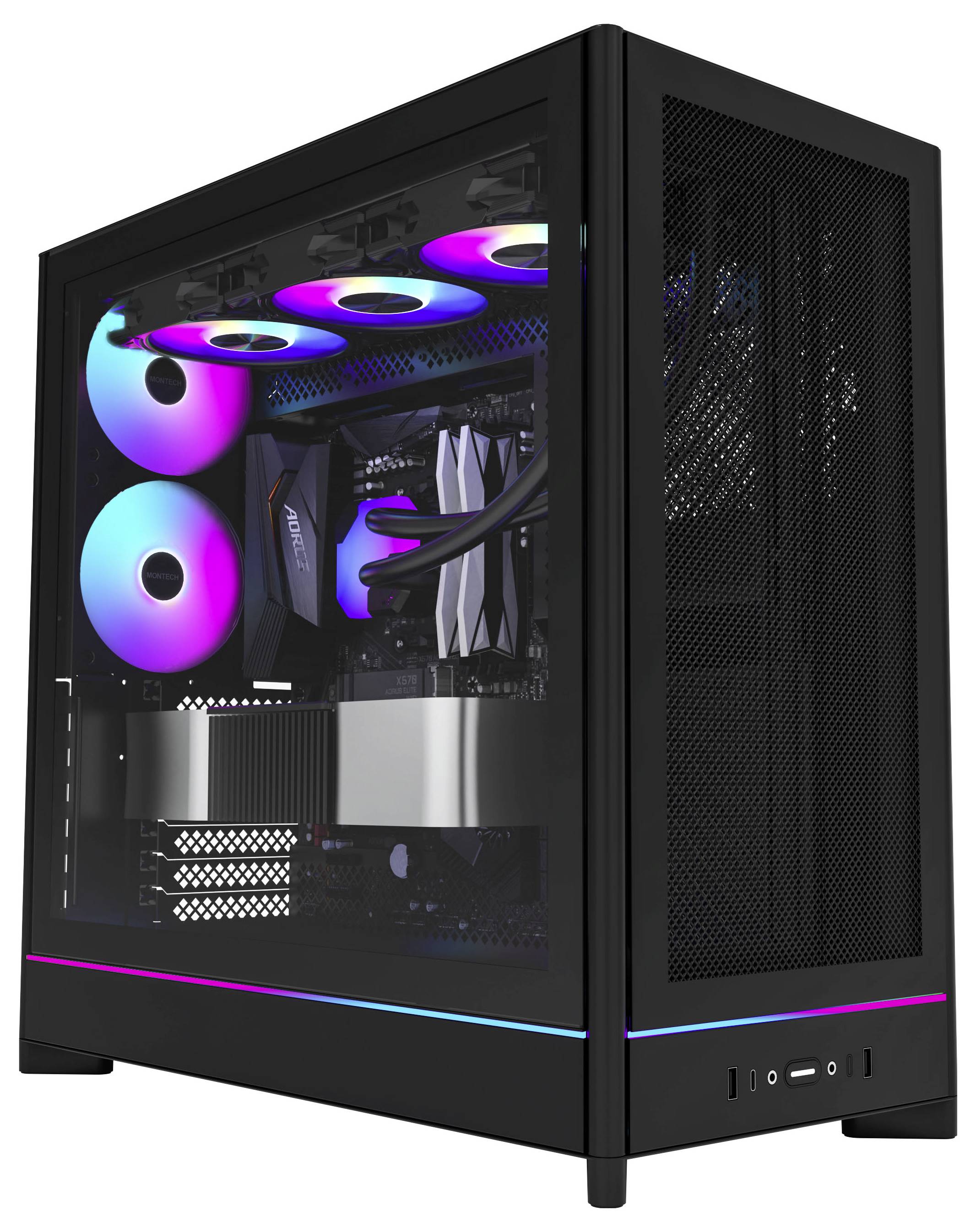 Ein schwarzer Computer-Tower mit transparentem Seitenpanel, der buntfarbene Kühlventilatoren und Komponenten zeigt, die in violettem und blauem Licht leuchten.