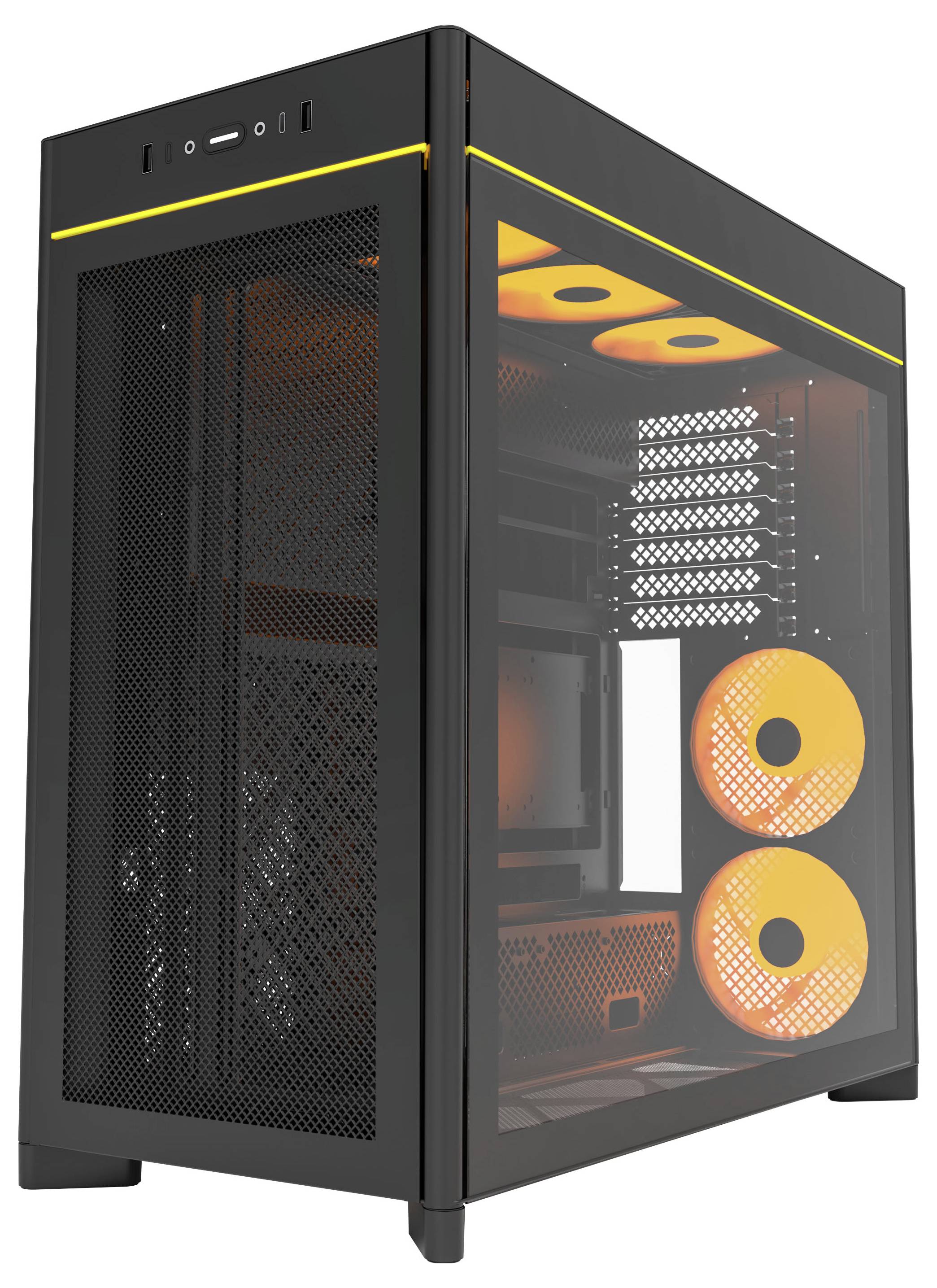 Ein schwarzes Computer-Gehäuse mit orange LED-Lüftern und einem Frontgitter, entwickelt für verbesserte Kühlung und optische Attraktivität.