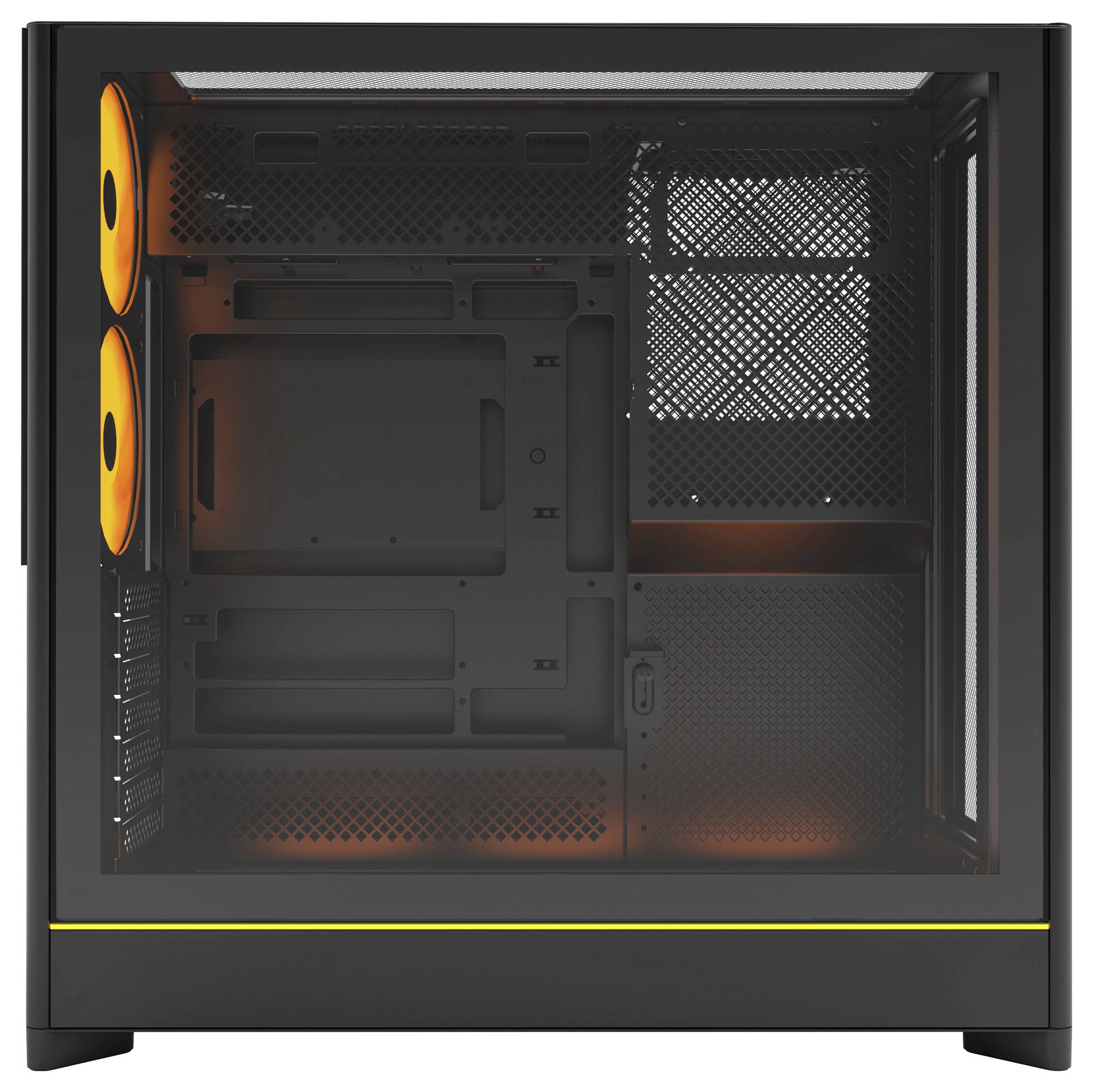 Ein Gaming-Computergehäuse mit Glasseite, ausgestattet mit orangefarbenen LED-Lüftern und geräumigem Innenraum für Komponenten.