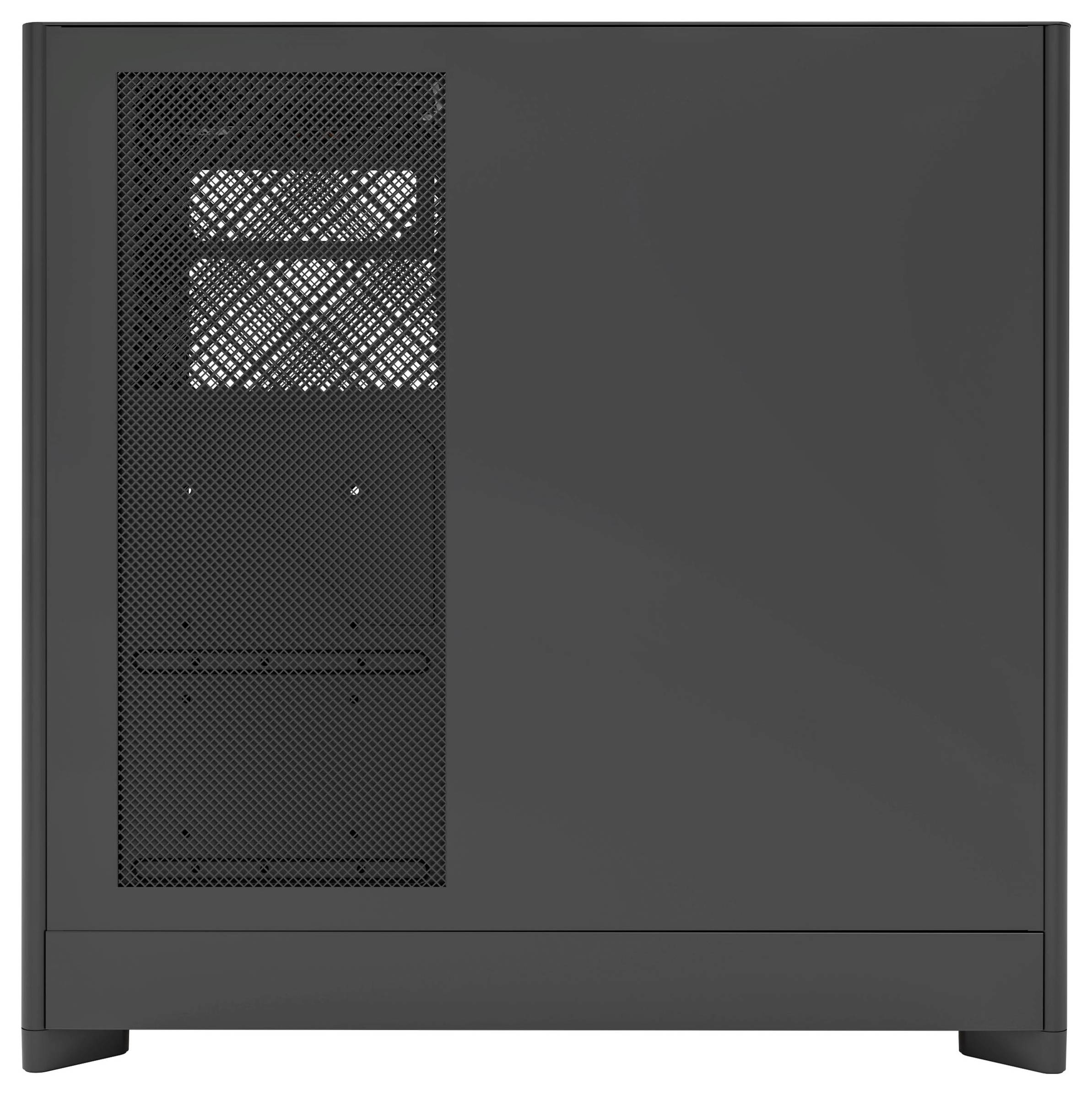 Ein schwarzes Computer-Tower-Gehäuse mit Lüftungsgitter an der Seite, entwickelt für effiziente Luftzirkulation.