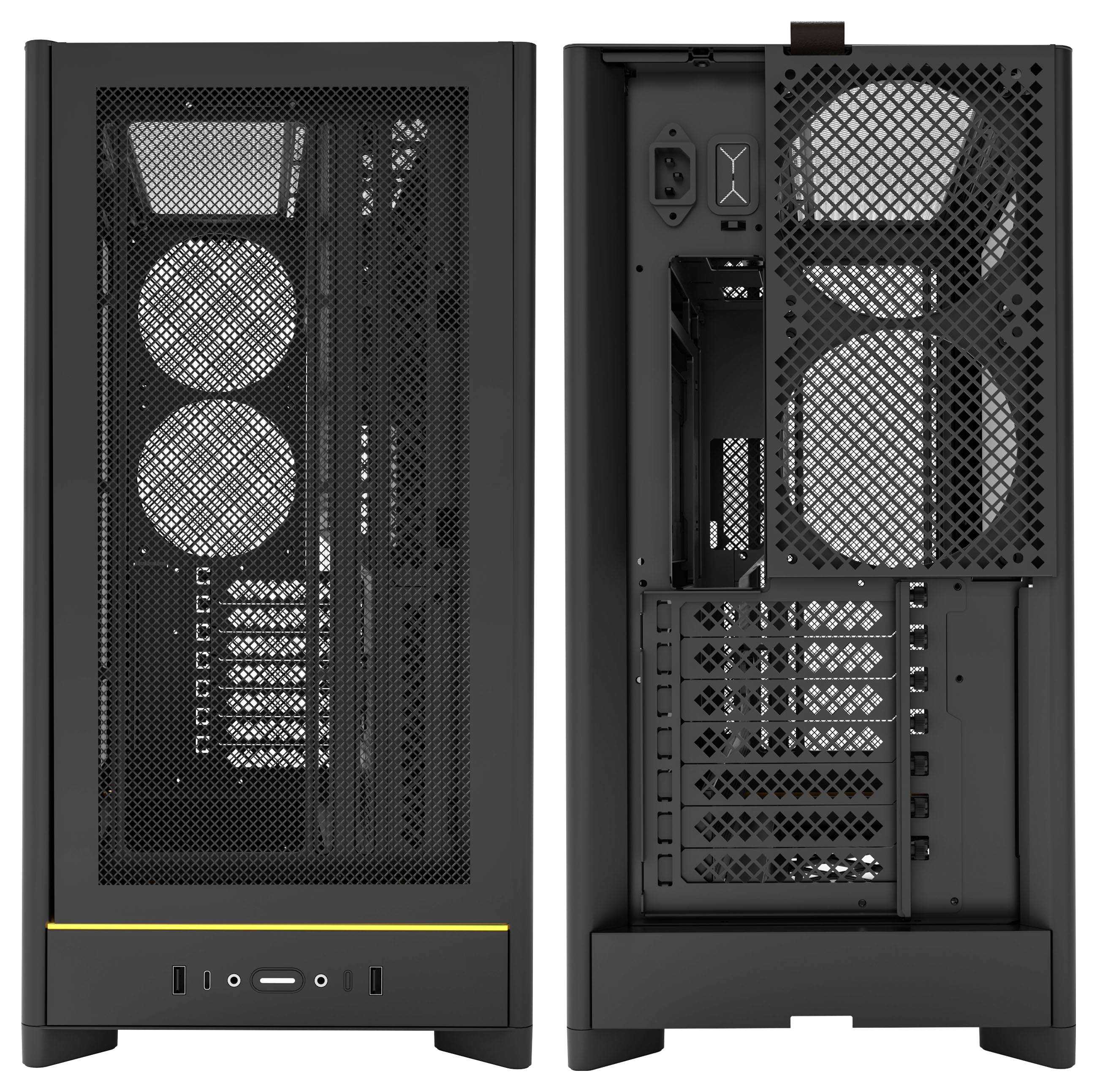 Computergehäuse von vorne und hinten gezeigt, mit Meshpanels, auf denen Kühlventilatoren sichtbar sind, und mehreren Steckplätzen für Erweiterungskarten.